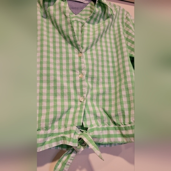 Tommy Hilfiger long sleeve button up women's green and white checkered top Sz 12 - Picture 3 of 5